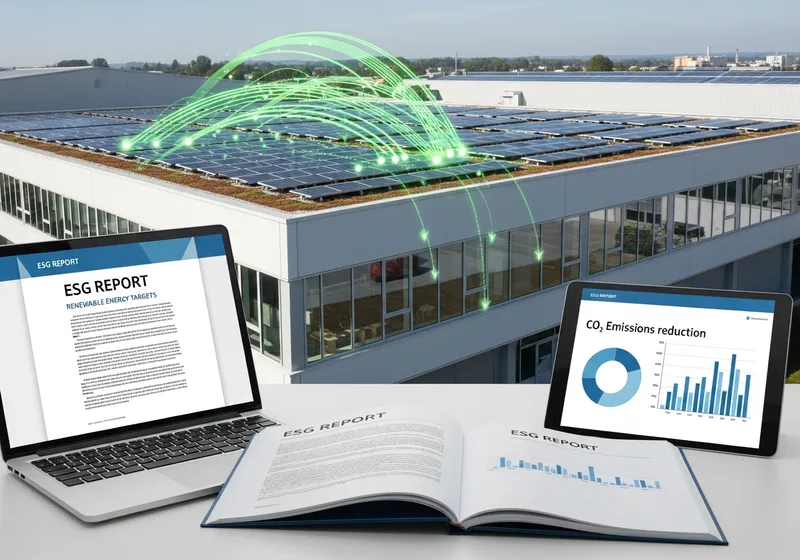 Industriegebäude mit Solardach, davor ESG-Bericht und CO₂-Auswertung auf Laptop und Tablet